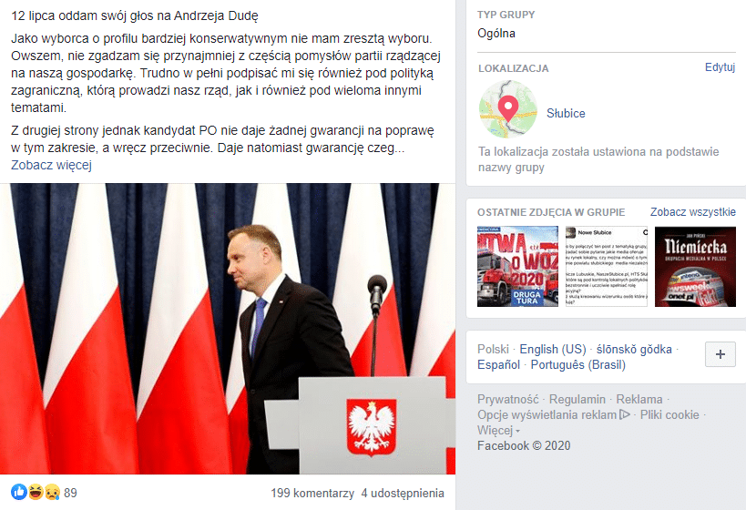 "Deklaracja admina", niemal 200 komentarzy, czyli facebookowe "piekiełko". (źródło: grupa "Nowe Słubice")