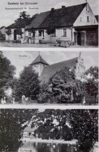 Sklep, kościół i staw na kolażu przedwojennych fotografii. Źródło- polska.org
