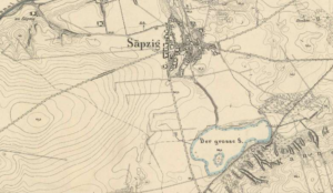 Säpzig a planie z początków XX wieku. Na mapie zaznaczono również położenie miejscowego jeziora.